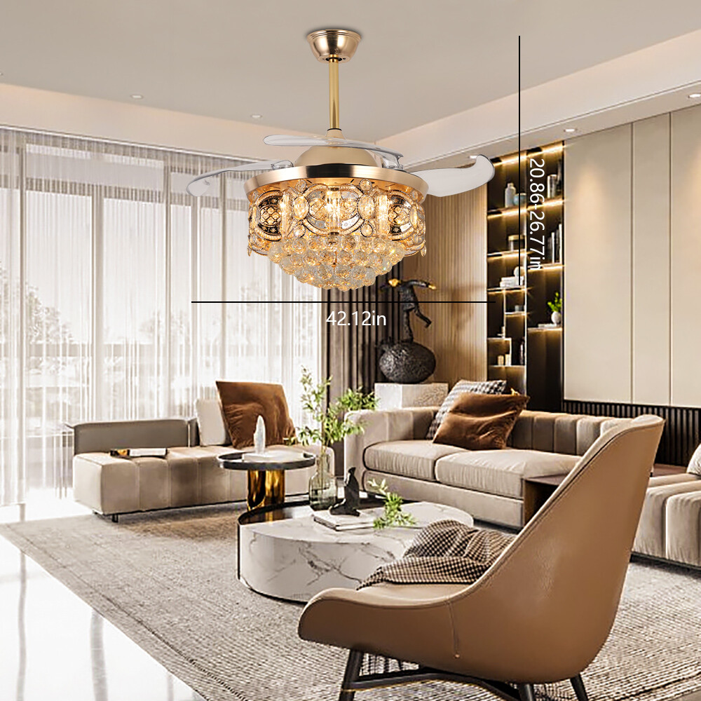 42-Inch Gold Crystal LED Ceiling Fan Chandelier with Remote - Modern Invisible Blades  