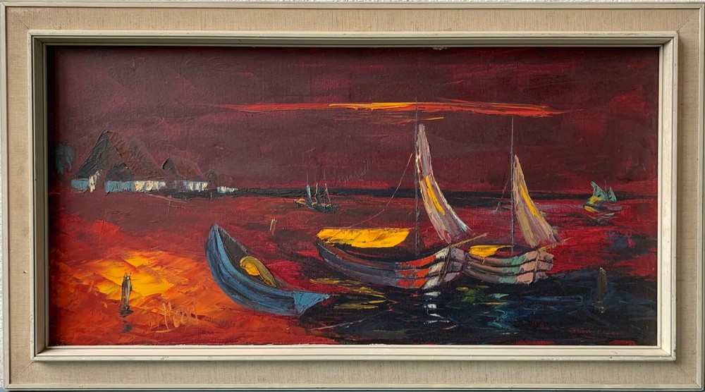 Oil Picture Fishing Boats and Houses in the Evening Light Signed 1960s Panorama