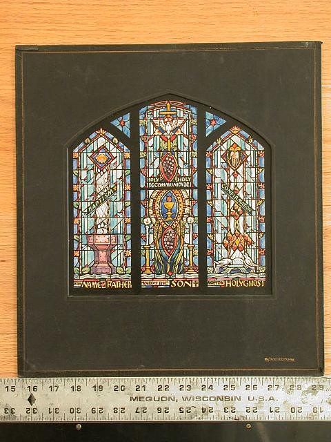 Design drawing for stained glass window with text Baptism/In the Name of the