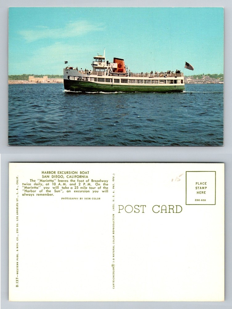 San Diego, CA-California, Harbor Excursion Boat Marietta Tour Vintage Postcard