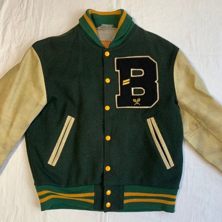Vintage Made in USA Golden Bear Leather Sleeve Varsity Jacket Green Size S