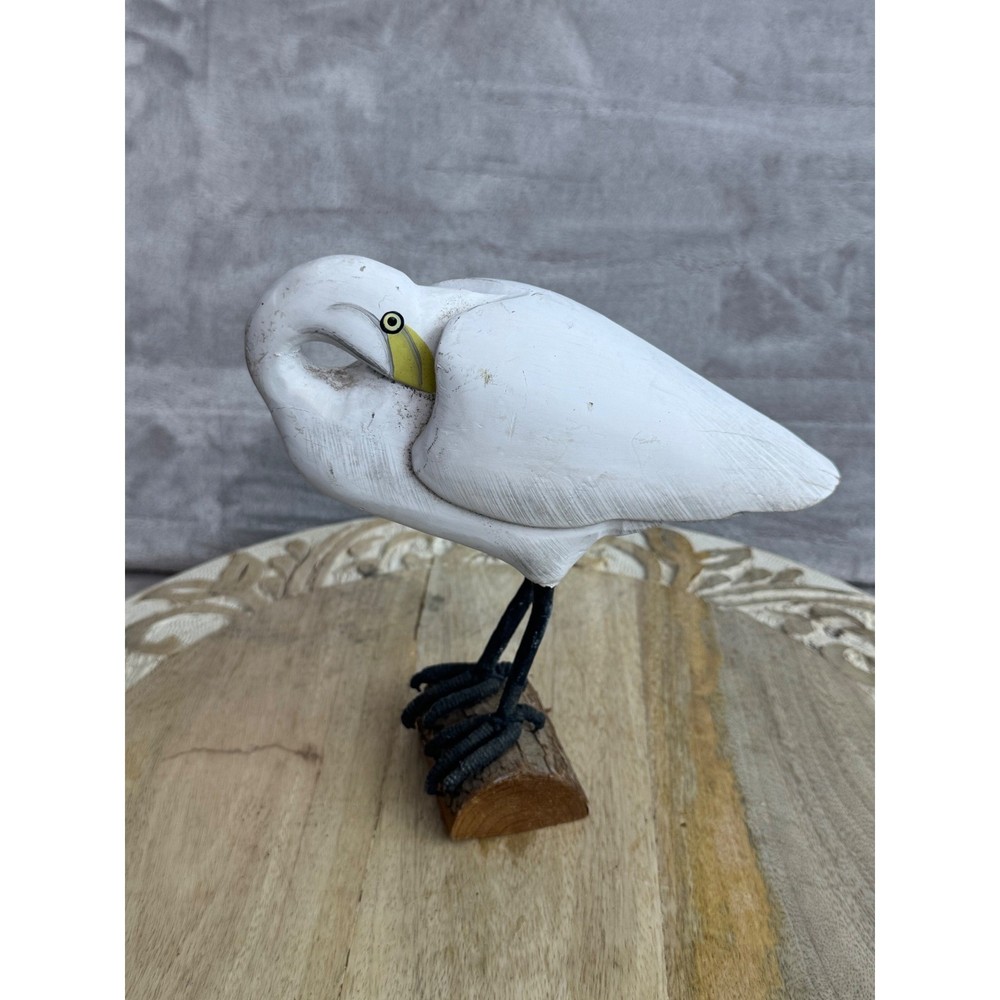 Vintage Hand Carved Wooden Egret Heron Bird Preening Figurine Coastal Decor