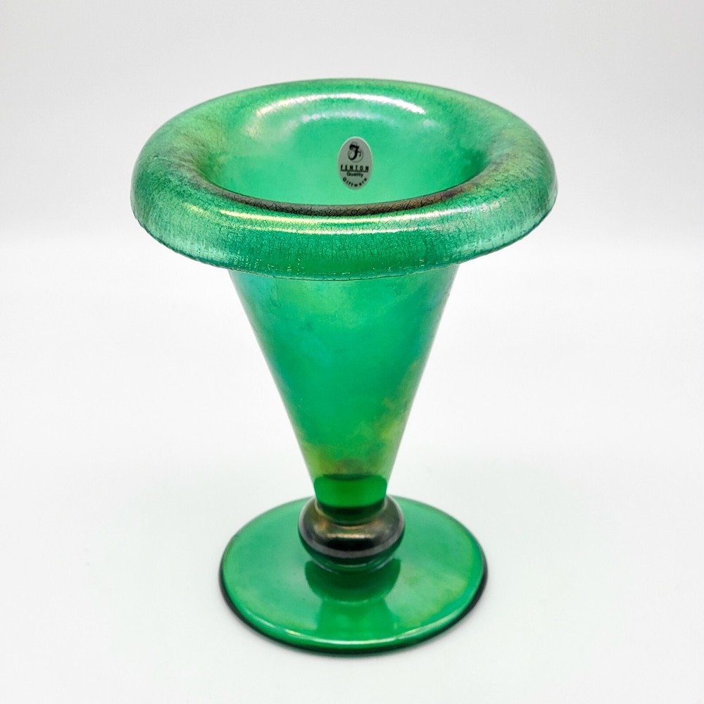 HTF Fenton Emerald Green Carnival Stretch Glass Trumpet Vase NFGS 2008 w/ Label