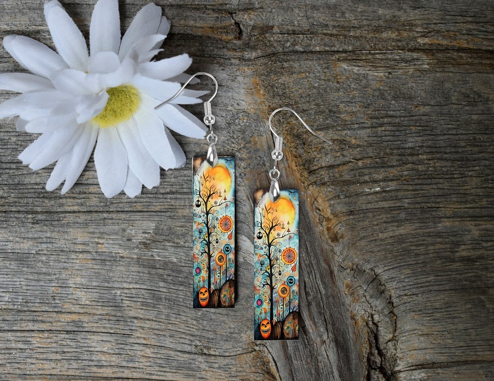 Abstract Halloween Tree Wooden Dangle Earrings with Printed Design-image