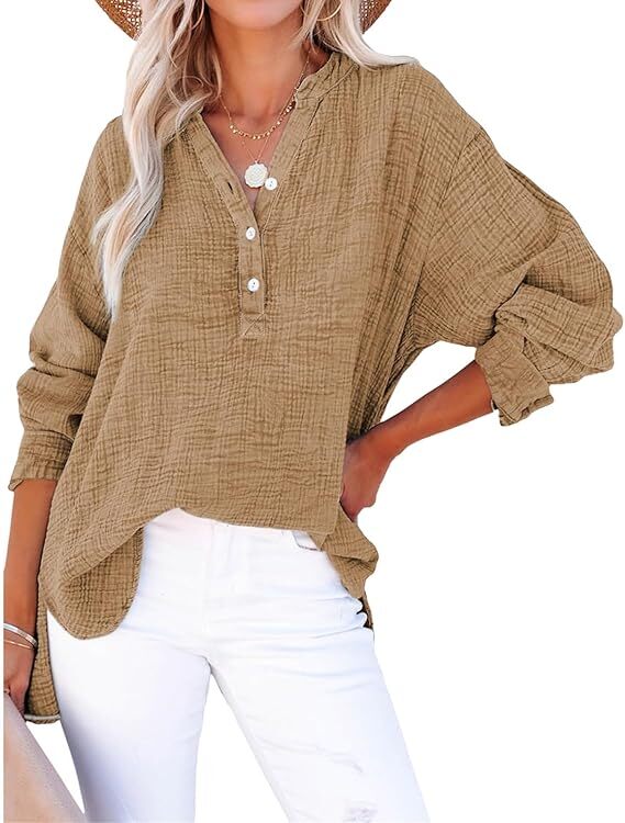 Simplifyleast Womens Casual Button V Neck Long Sleeve Shirts, Oversized Blouses