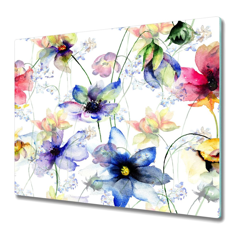 Glass Chopping Board Utensil Summer flowers Colourful blue and green 60x52