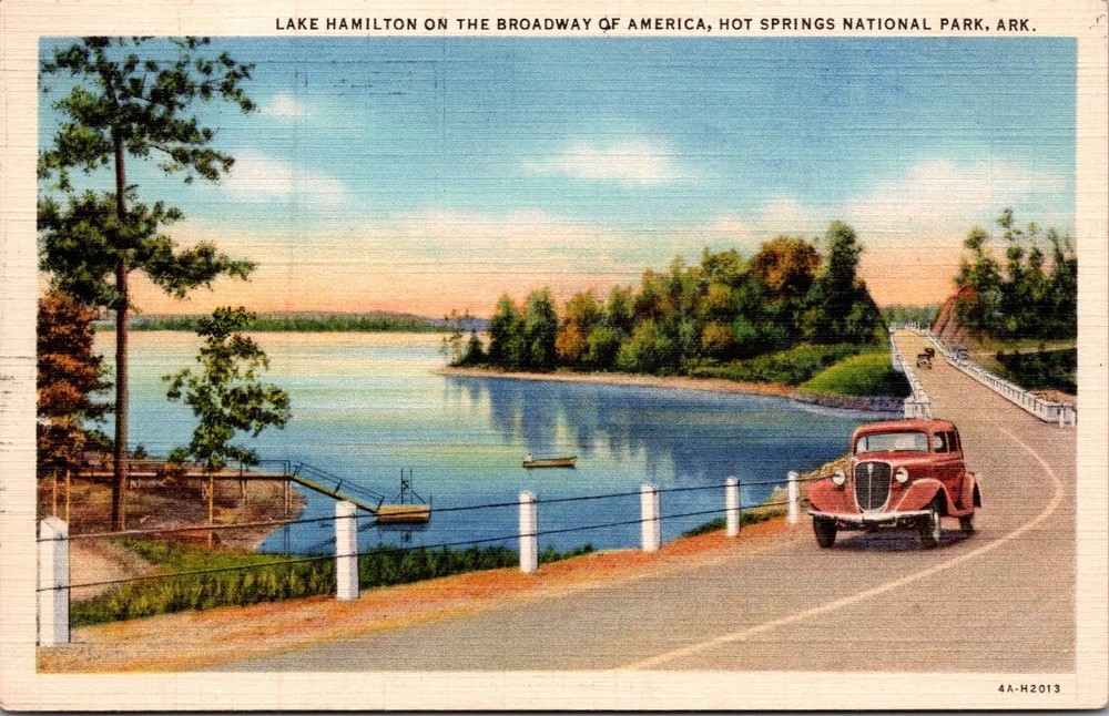 Vintage Automobile at Lake Hamilton Hot Springs National Park Ark Postcard c1945