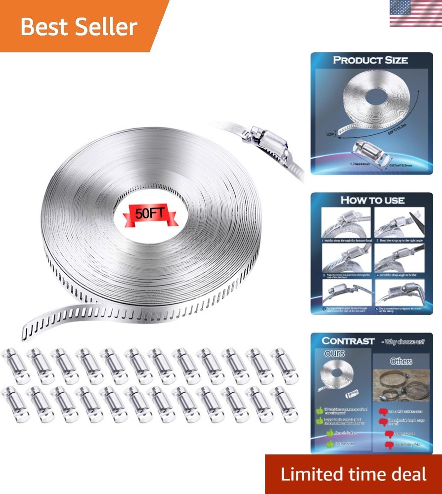 Adjustable 50FT Stainless Steel Hose Clamp Set - 24 Reusable Fasteners Included