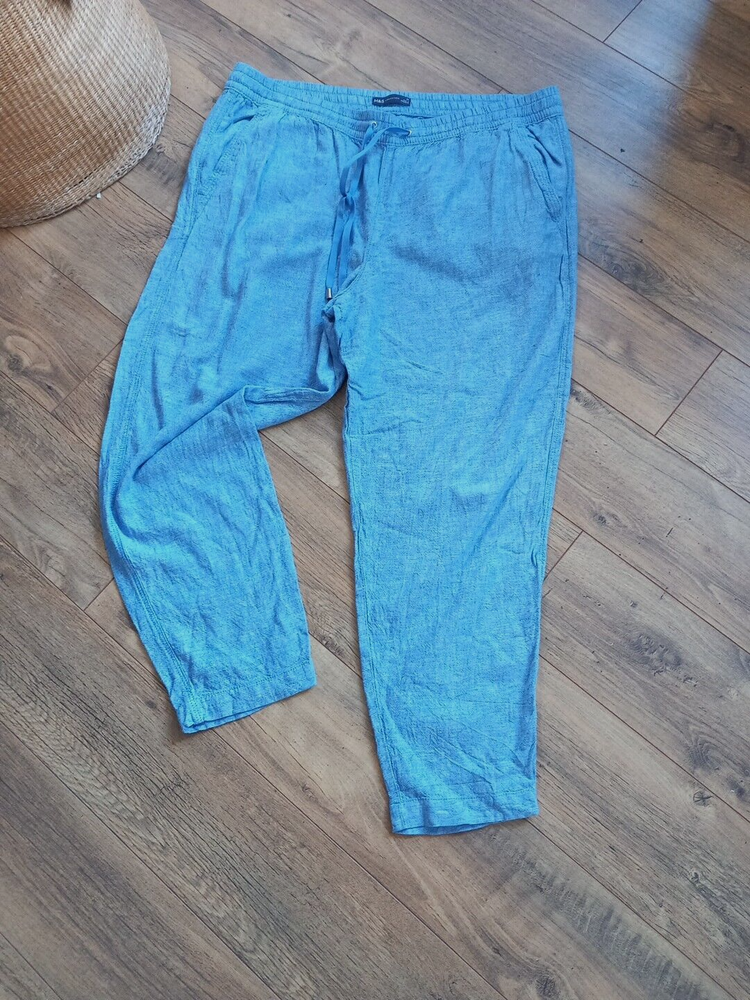 M&S Linen Blend Jogger Trousers Chambray Blue Elastic Waist Size UK 18