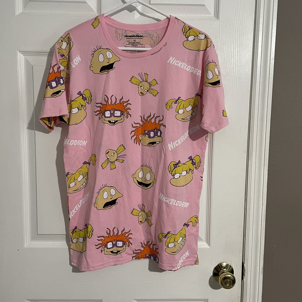 Nickelodeon T-Shirt Rugrats Mens Medium Pink All Over Print Chuckie Tommy Retro