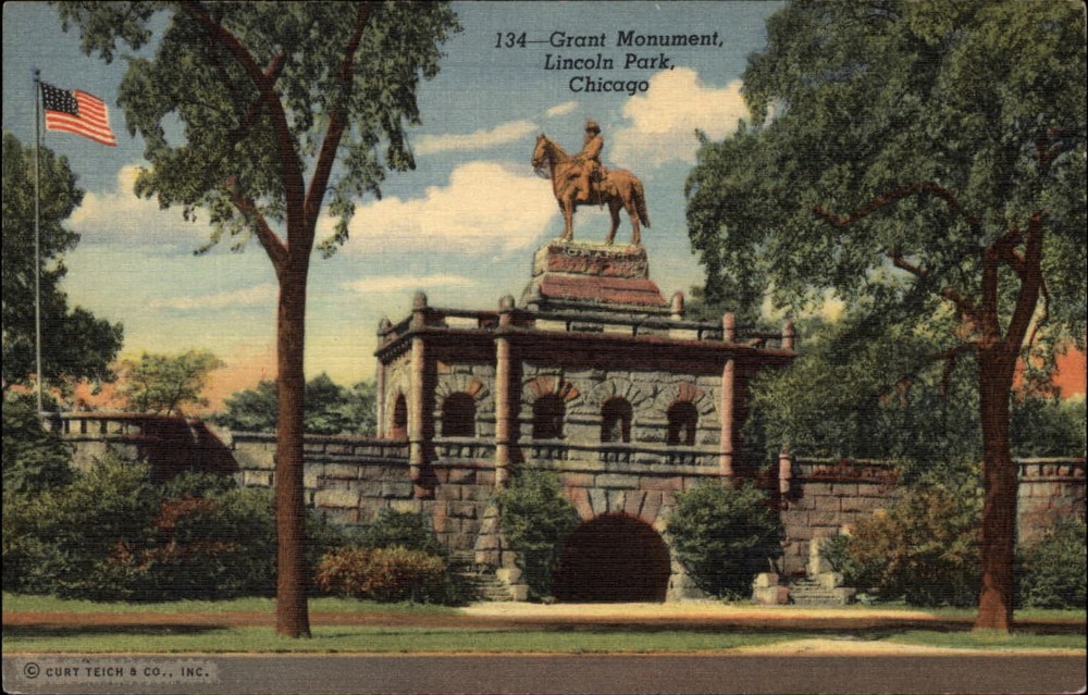 Chicago Illinois Lincoln Park Grant Monument on horse vintage linen postcard