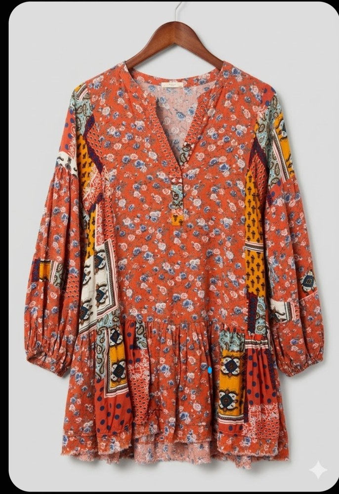 Easel Boho Patchwork Floral Tunic Dress S Flowy babydoll silhouette  ruffle