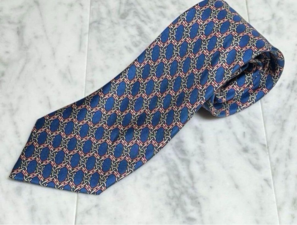 HERMES Necktie Tie Navy Made in France Men's All over chain pattern 100% Silk