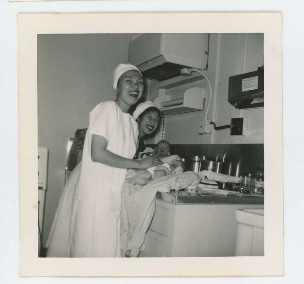 Vintage Photo Beautiful Asian American Baby Nurses Medical Birth Happy 1950s