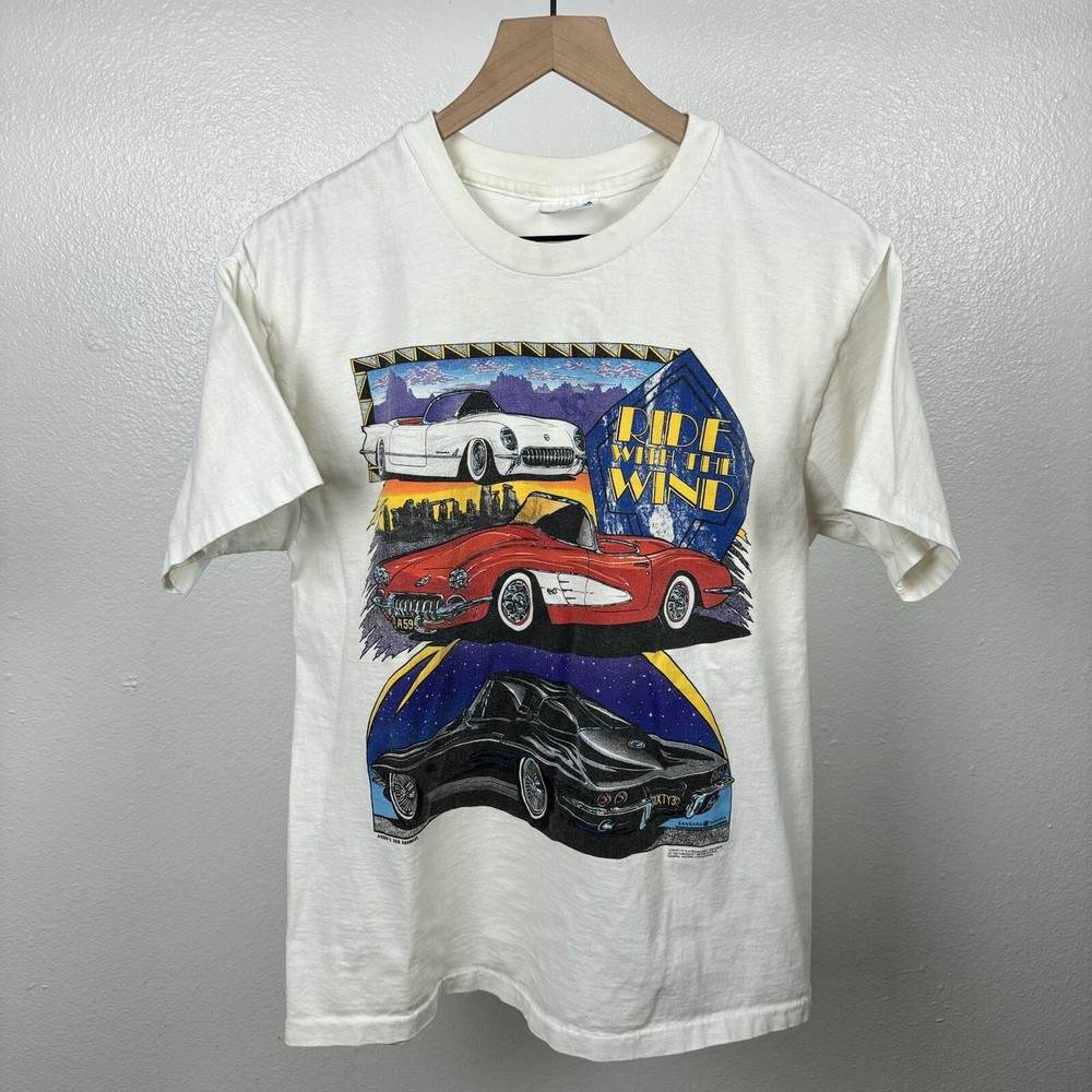 90s Vintage Chevy Corvette Ride With The Wind White Tee Size Large