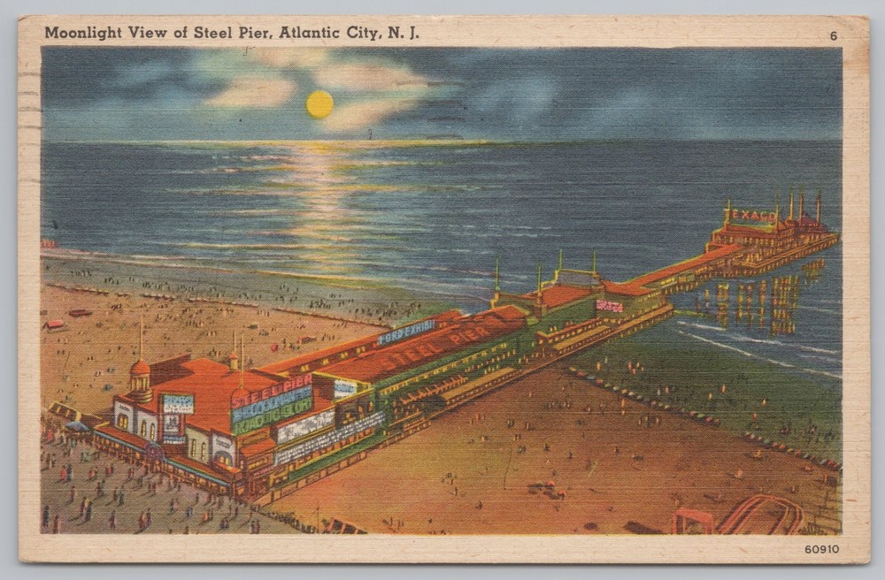 Linen~Air View Steel Pier @ Night Atlantic City New Jersey~Vintage Postcard