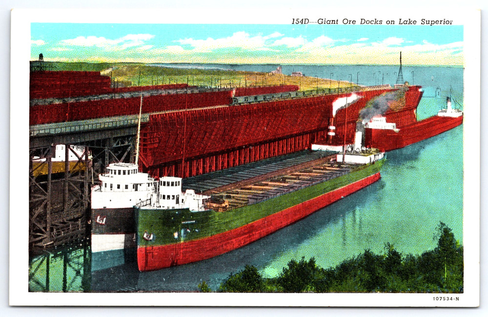 Giant Ore Docks On Lake Superior Ships Water Vintage Postcard
