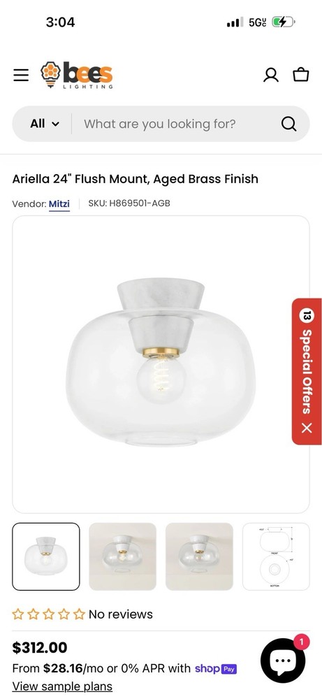 Mitzi Ariella Marble Wall Sconce Aged Brass Base Only H869501 Missing Glass