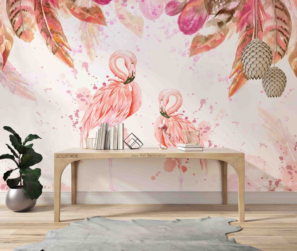 3D Flamingo Leaves Watercolor Wall Murals Wallpaper Murals Wall Sticker