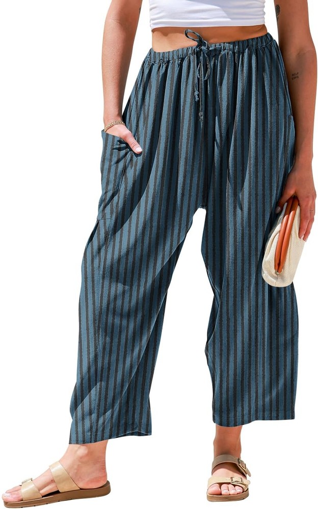 Womens Linen Wide Leg Pants Casual Loose Drawstring Low Waist Summer Beach Pa...