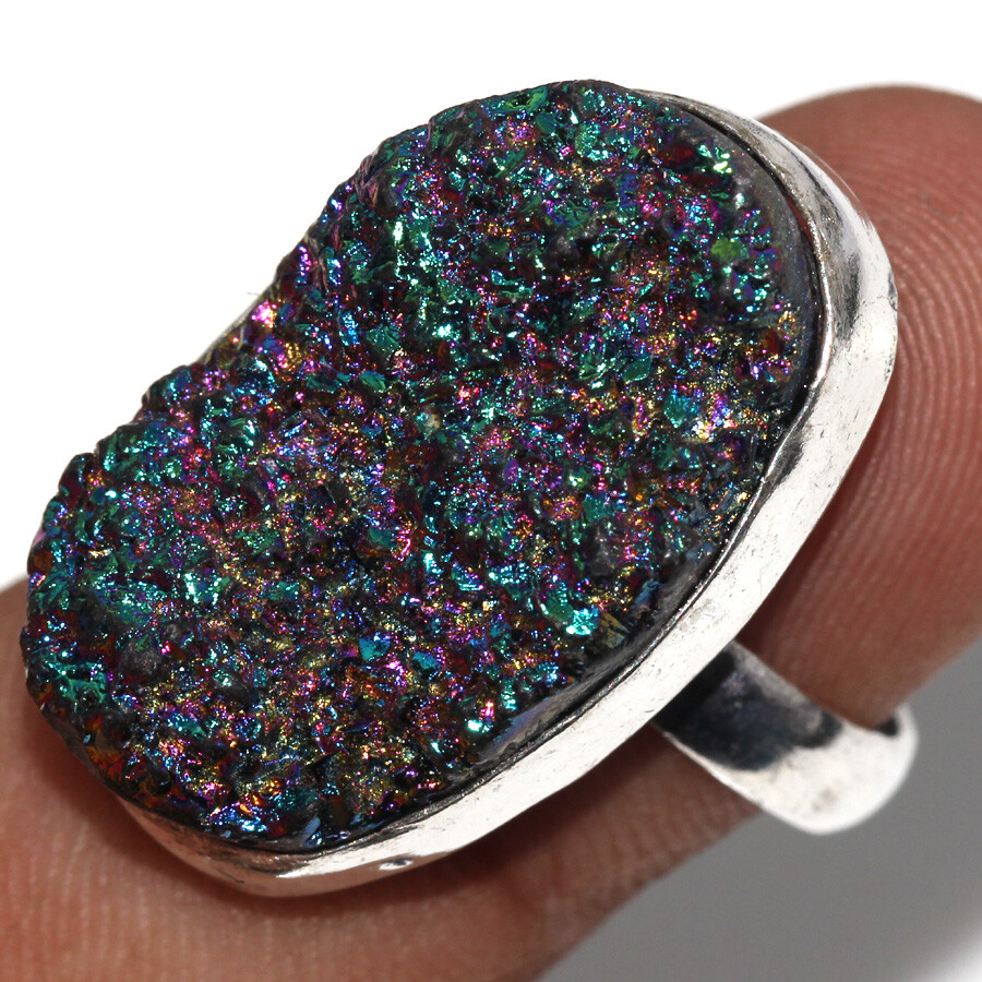 925 Silver Plated Purple Titanium Druzy Ethnic Ring Jewelry Size US 7.5 JW