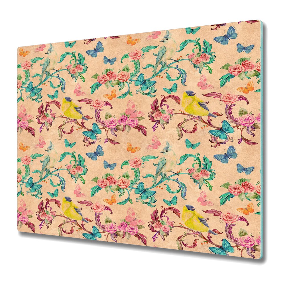 Glass Chopping Board Utensil Worktop Saver Chinoiserie birds Colourful 60x52