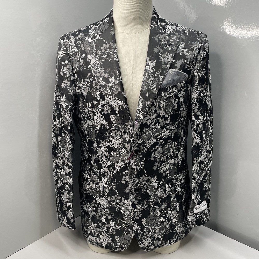 Robert Graham Mens Blazer Black/Grey Size 46L Millvale Floral Metallic 2 Button