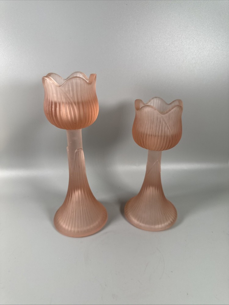 Pair of Vintage Pink Frosted Glass Tulip Candle Holders, 7” & 6”