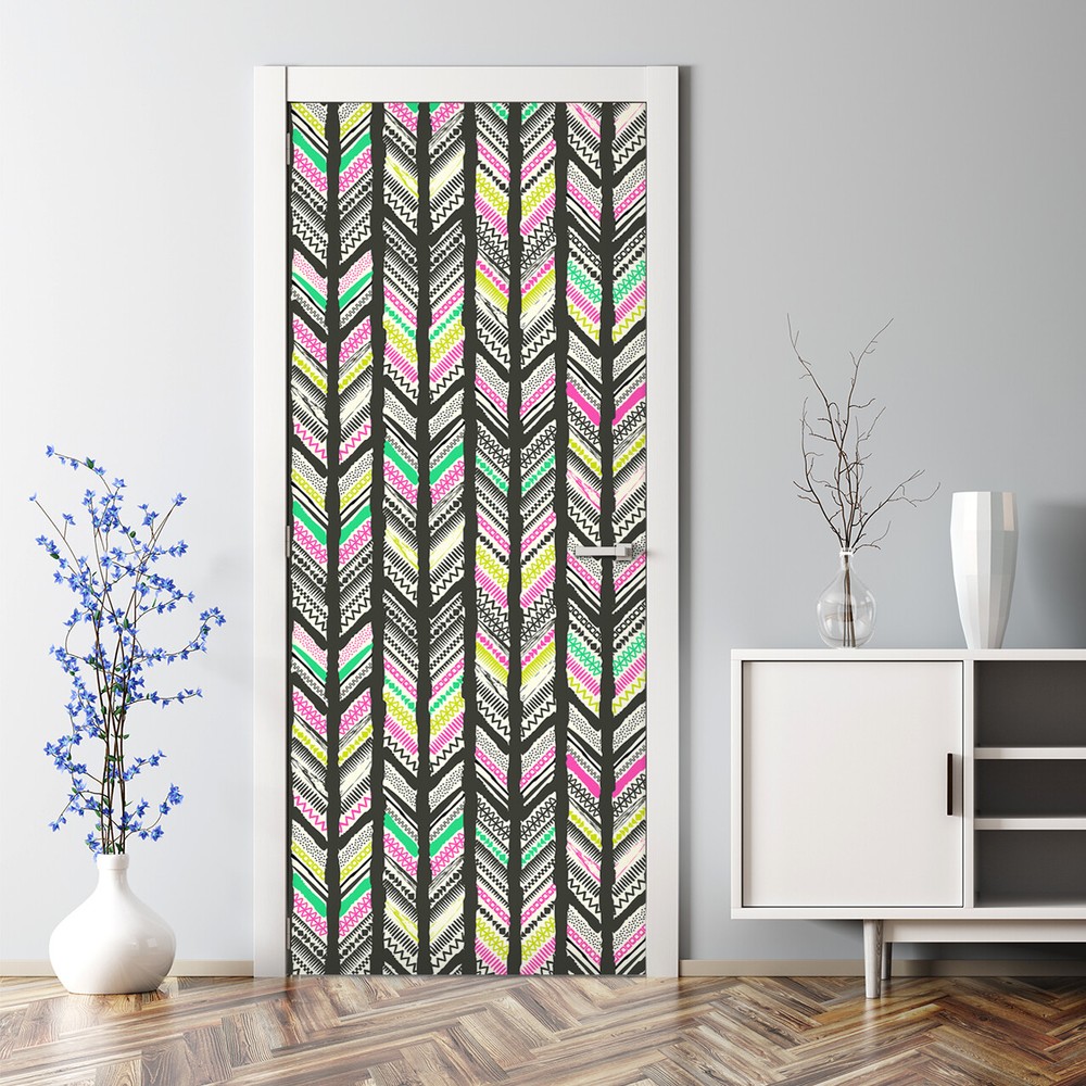 Colorful Tribal Herringbone Geometric Door Decal Bubble-Free Art