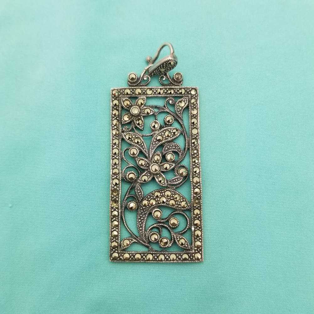 Vintage Sterling Silver Floral Motif Marcasite Pendant-Floral Filigree-2.5'' L