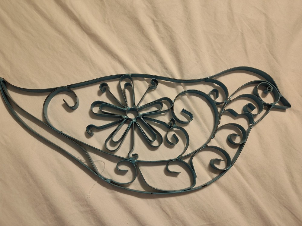 Blue Metal Bird Wall Mounted Sculpture with Carvings Home Décor
