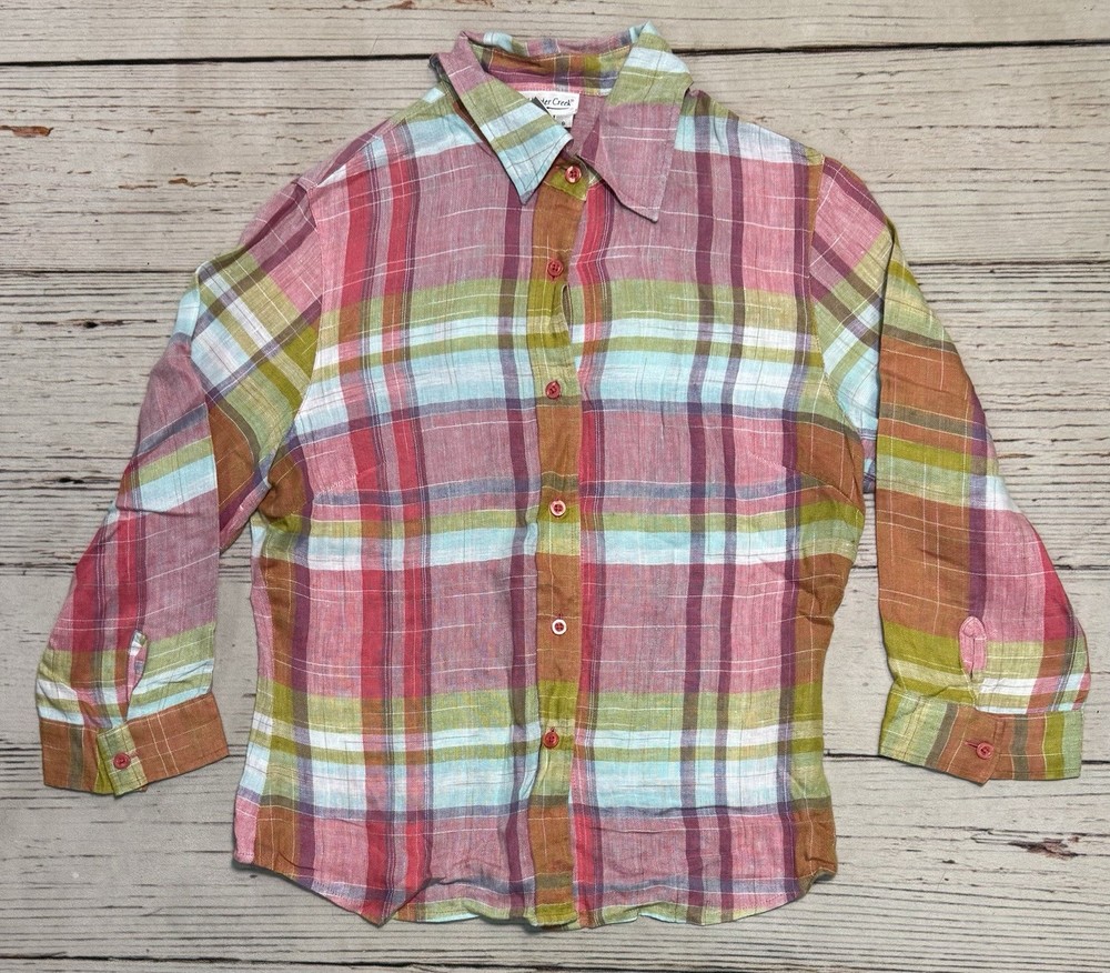Coldwater Creek 3/4 Sleeve Button Up Shirt Women's Sz S Plaid Linen Blend