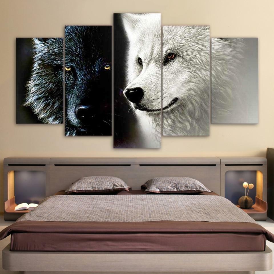 Black & White Wolf Wolves Couple Framed 5 Piece Canvas Wall Art