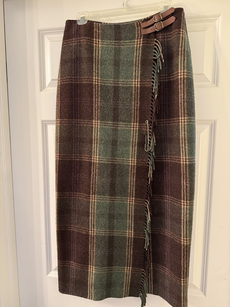 Lauren Ralph Lauren green and brown plaid skirt women, 100% wool, size 6
