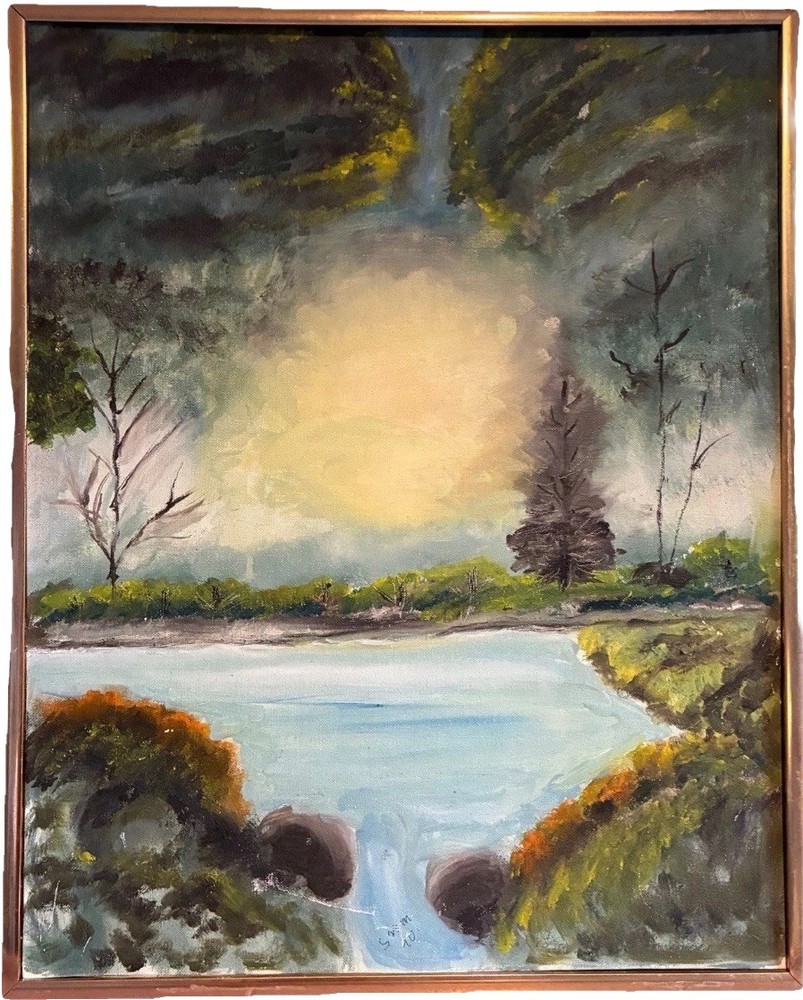 Vintage Original Oil Painting Landscape Lake Scene Impressionist Framed 20x16