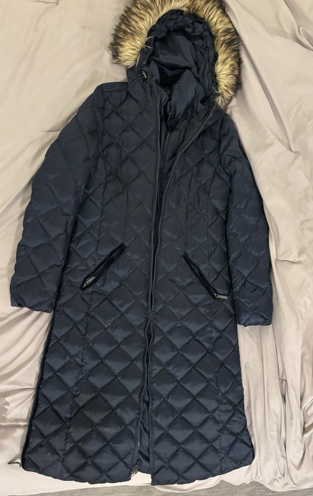 $380 Laundry by Shelli Segal Diamond-Quilted Hood Maxi Down Puffer Coat M Navy