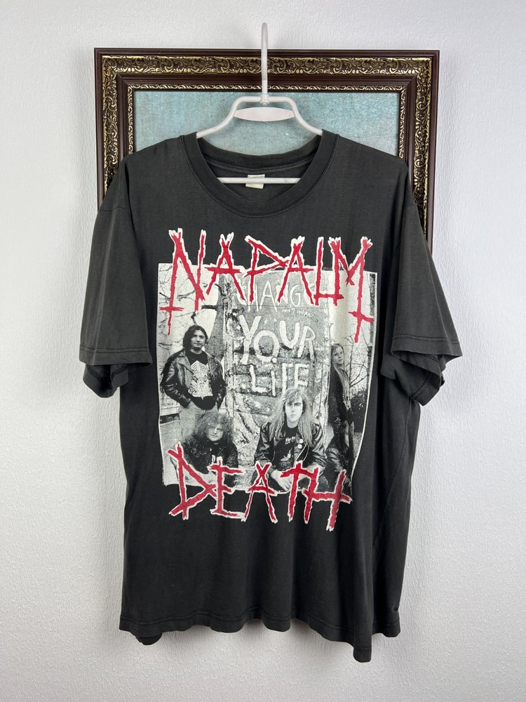 Vintage 90's Over Print Napalm Death Black Metal Shirt Tee Band Grindcore Size L