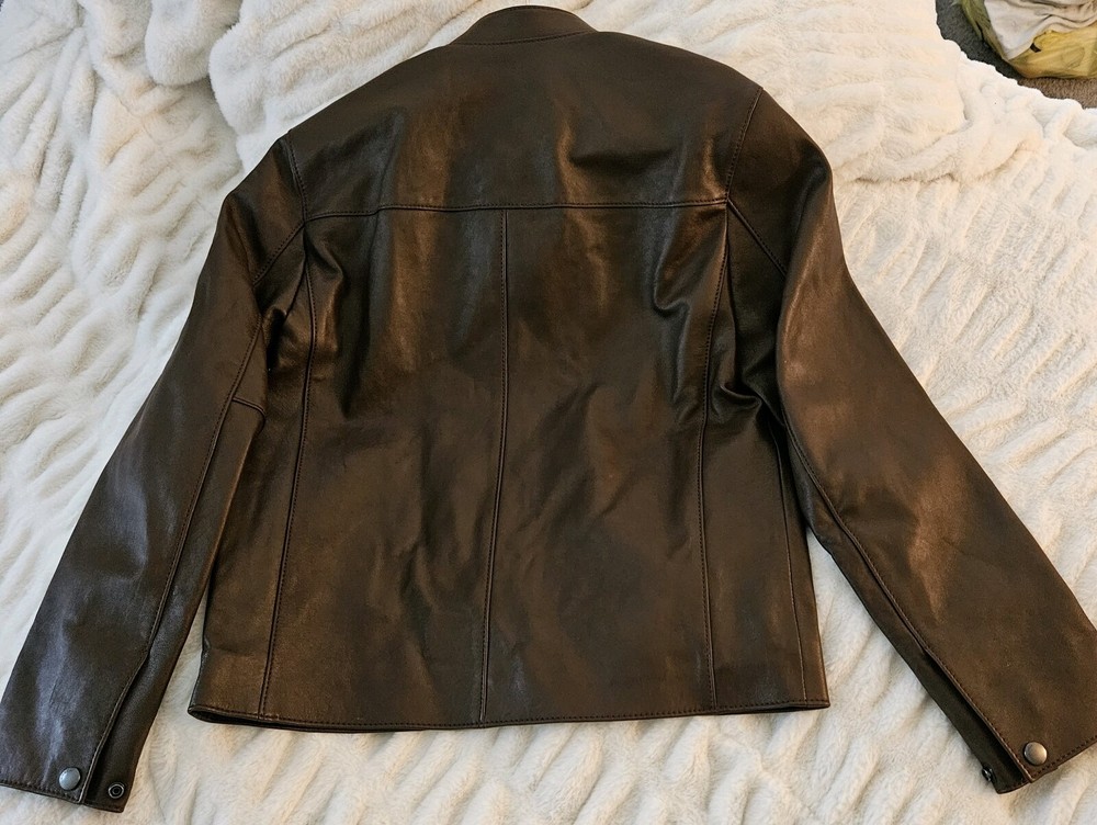 Coach, Unisex Leather Zip Jacket, Collared, Black/Brown, Size S, 100% Leather