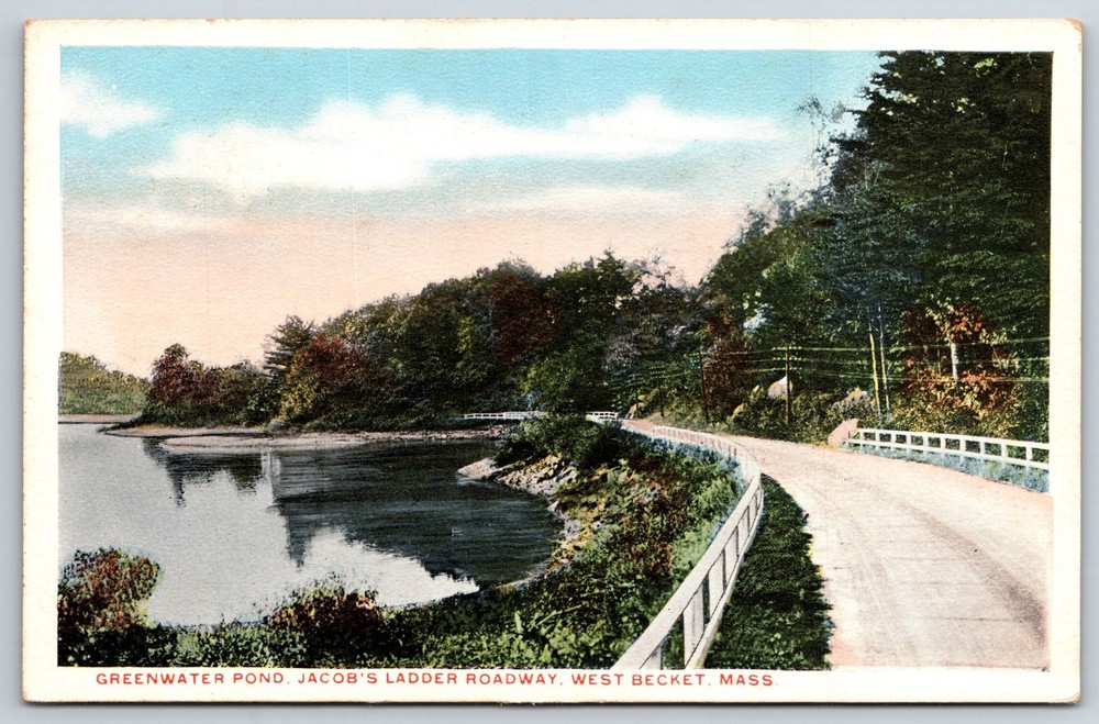 West Becket Massachusetts~Greenwater Pond On Jacobs Ladder Roadway~Vtg Postcard
