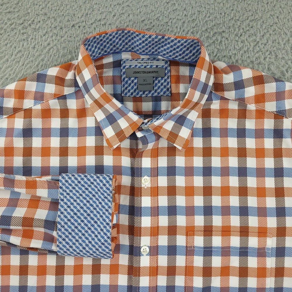 Johnston & Murphy Shirt Mens XL Orange Blue Plaid Long Sleeve Tailored Fit