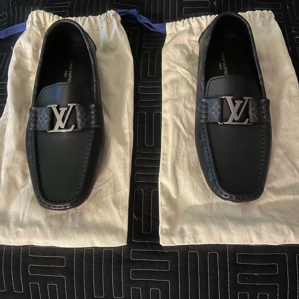 Louis Vuitton Monte Carlo Mocassin Men's Black Leather Logo Buckle Shoes Size 9