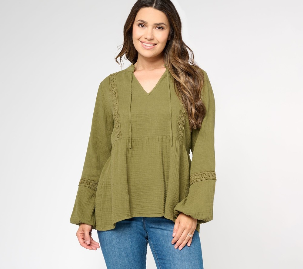 Denim & Co. Women's Top Plus Sz 1X  Canyon Retreat Long Sleeve V Green A618532