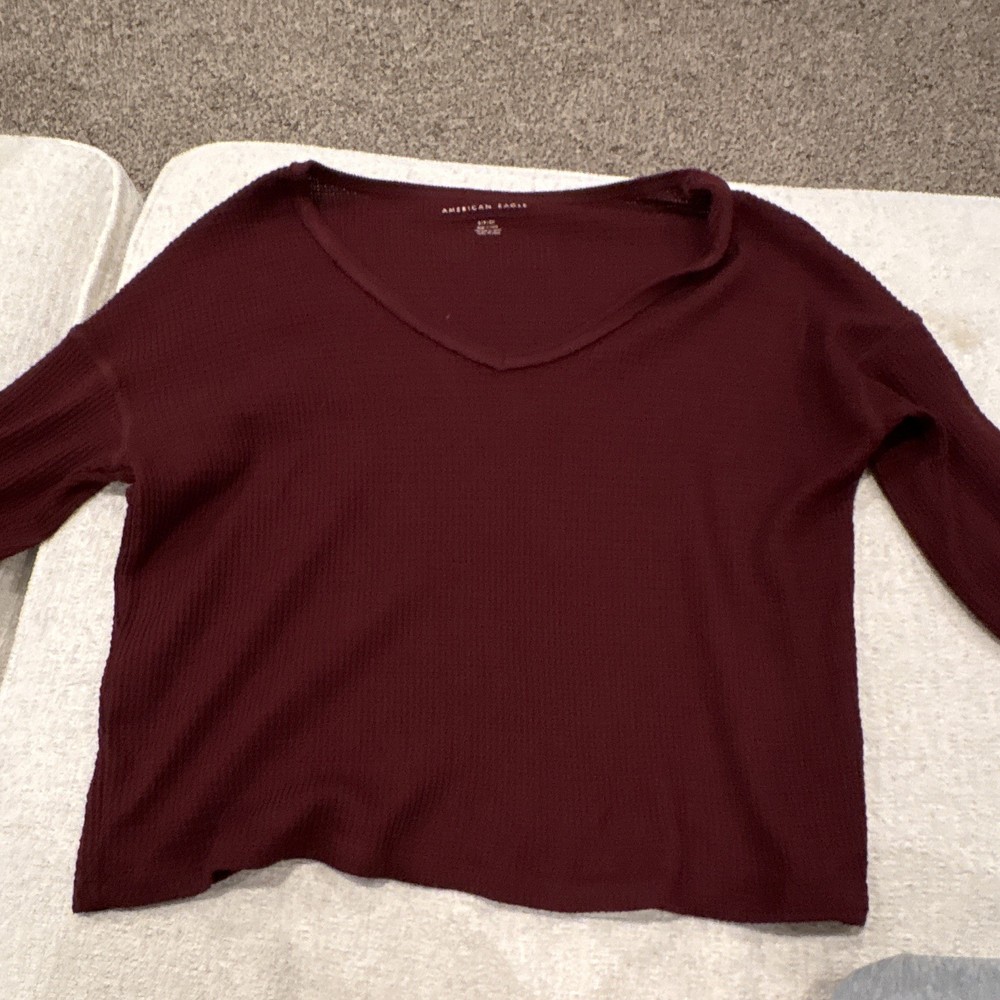 American Eagle Women's Burgundy Knit V-Neck Long Sleeve Pullover Top Size S