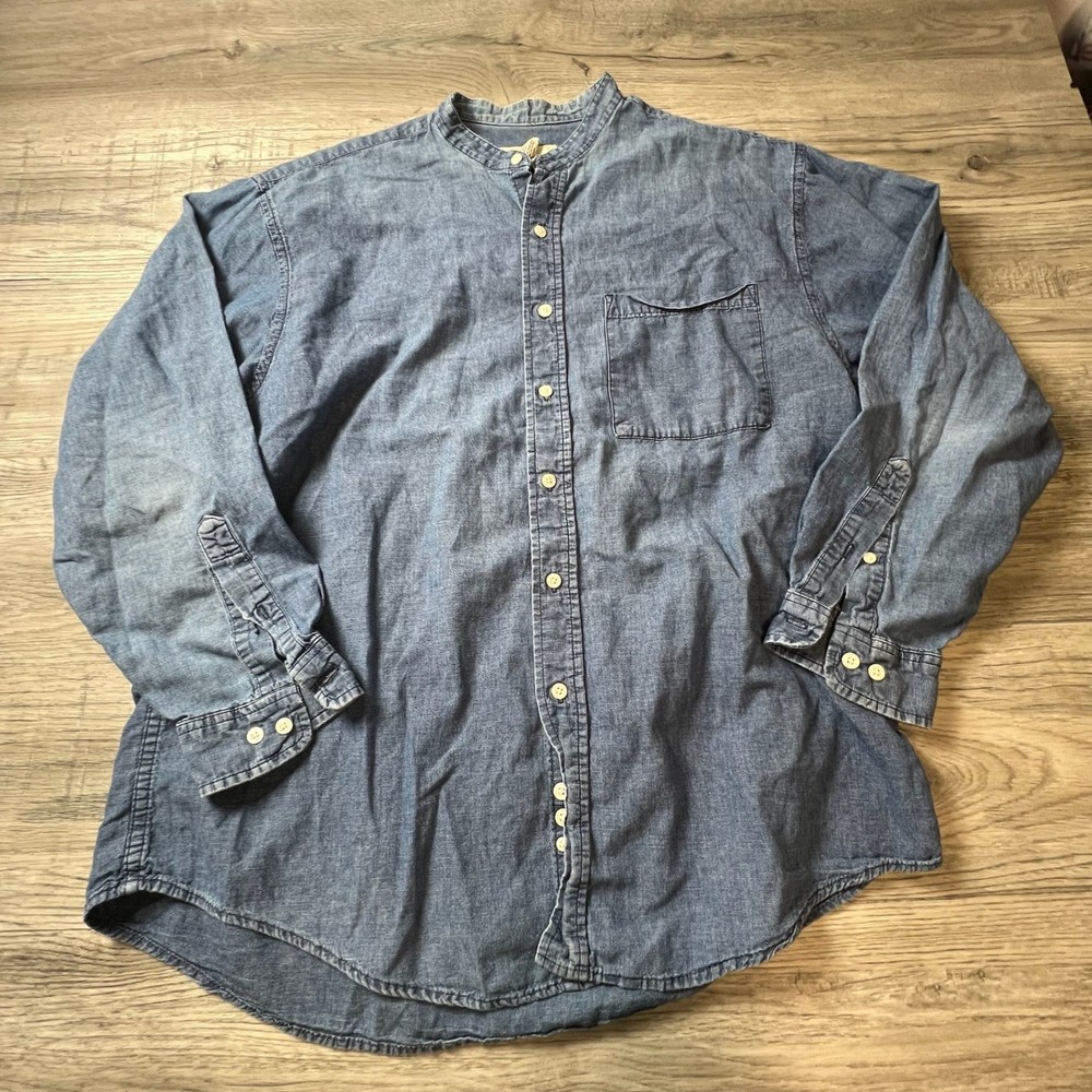 Eddie Bauer Denim Shirt Mens Large Blue Band Collar Cotton Long Sleeve 011