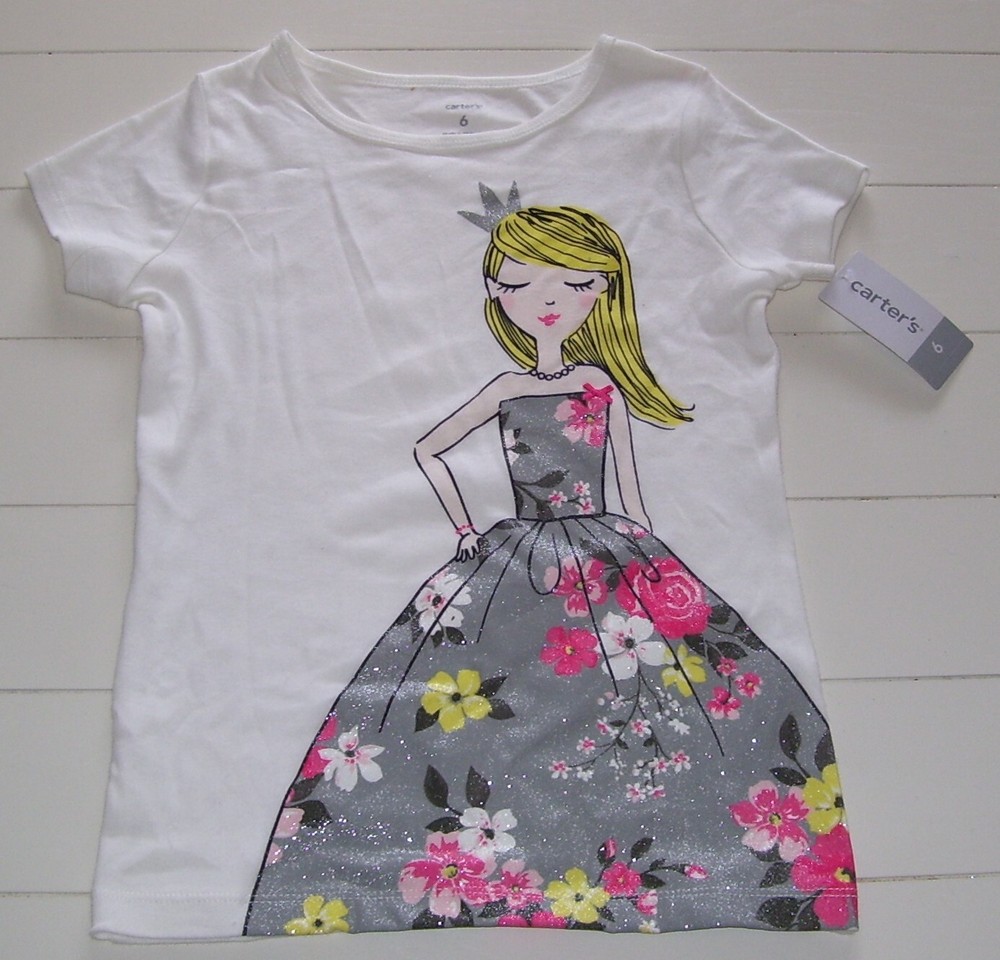 Girls Carter's White Glitter Princess Short Sleeve T Shirt Sz 6