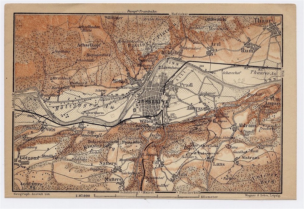 1903 Original Antique Map Of Vicinity Of Innsbruck / Tyrol / Western Austria