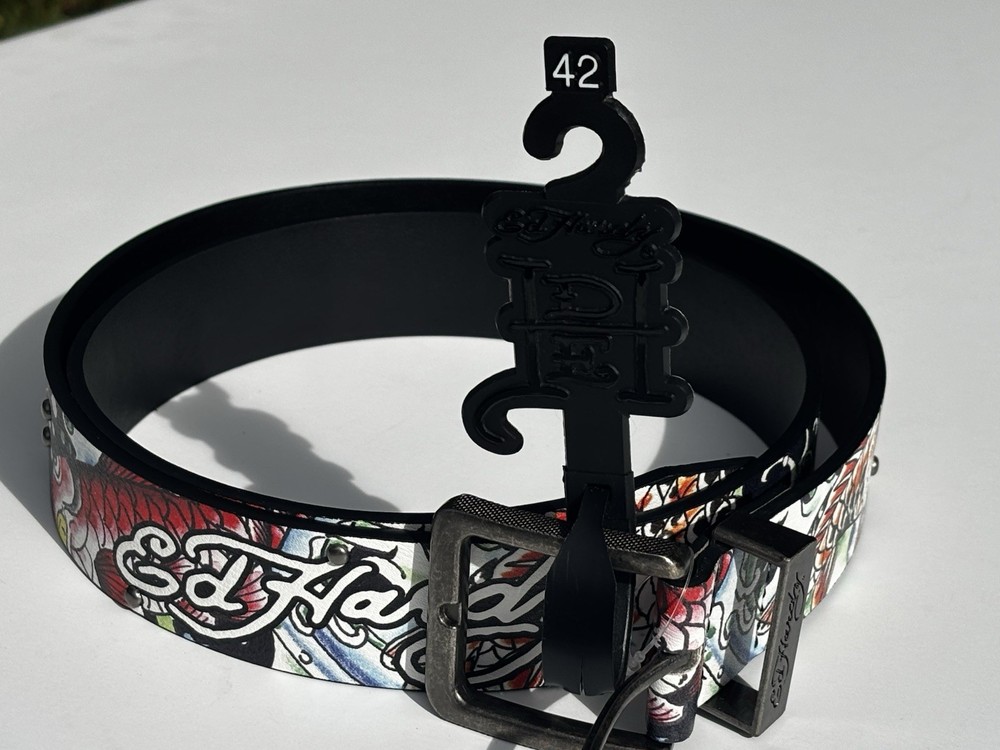 Ed Hardy Men's Coi Fish Print Black Belt SZ 42 Rivet Studs Tattoo Design New Tag