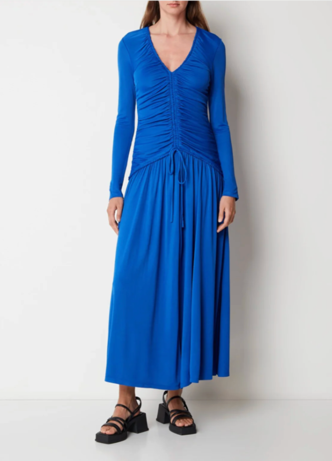Farm Rio Dress Womens Large Blue V Neck Ruched Maxi