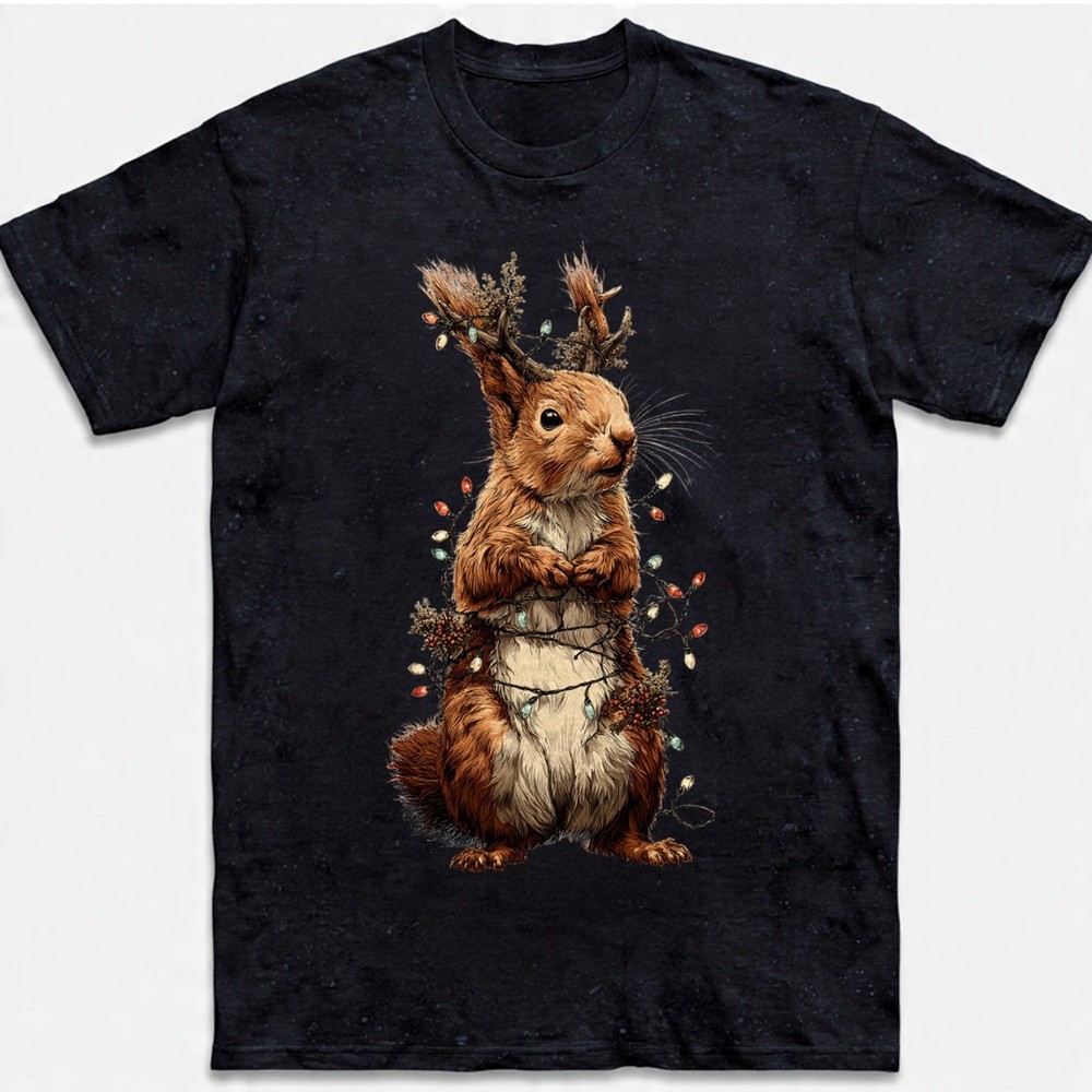 Cute Squirrel Christmas T-Shirt Reindeer Antlers Lights Woodland Sweatshirt
