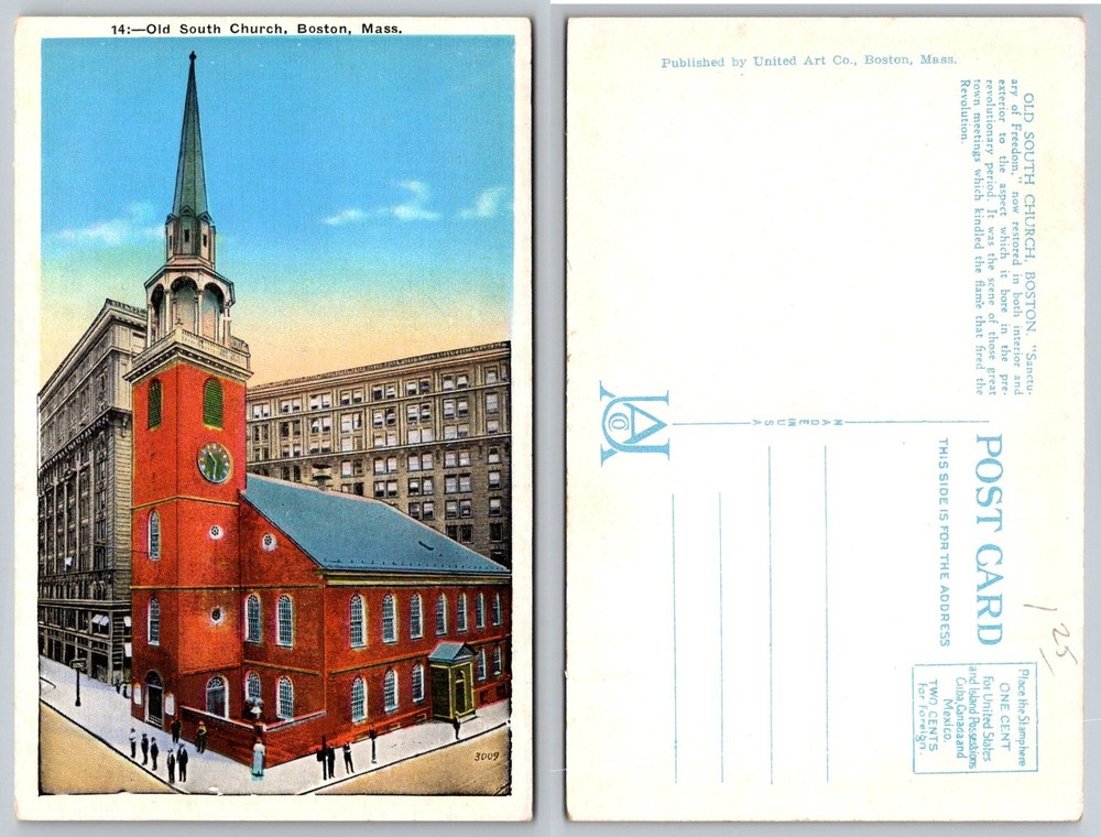 Old South Church Boston MA Postcard United Art Co. Massachusetts History